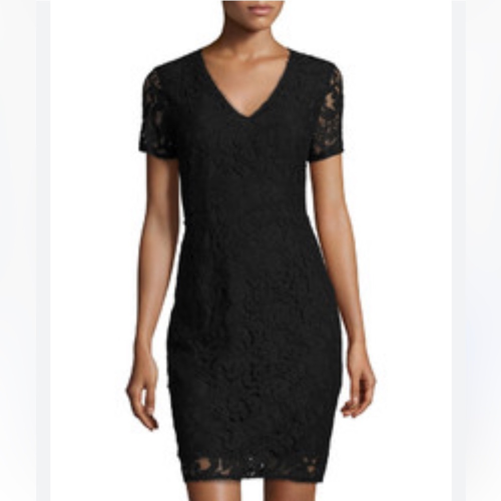 T Tahari 'Mirabelle' Short Sleeve V-Neck Eyelash Lace Dress in Black